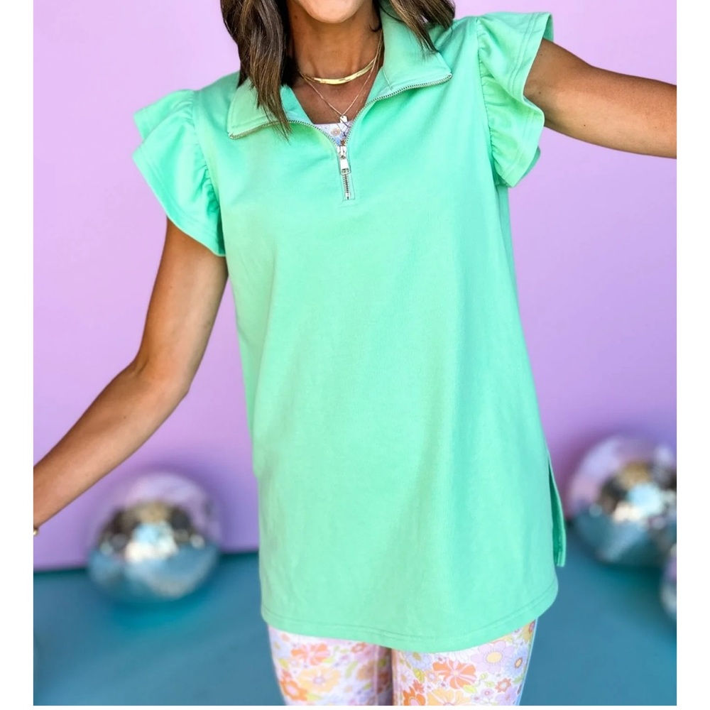 SSYS Mint AND Coral Ruffle Shoulder Quarter Zip Collared Tunic